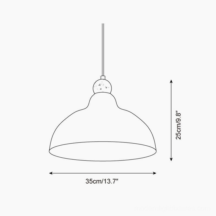 Walnut wood-grain dome pendant light technical drawing with dimension specifications