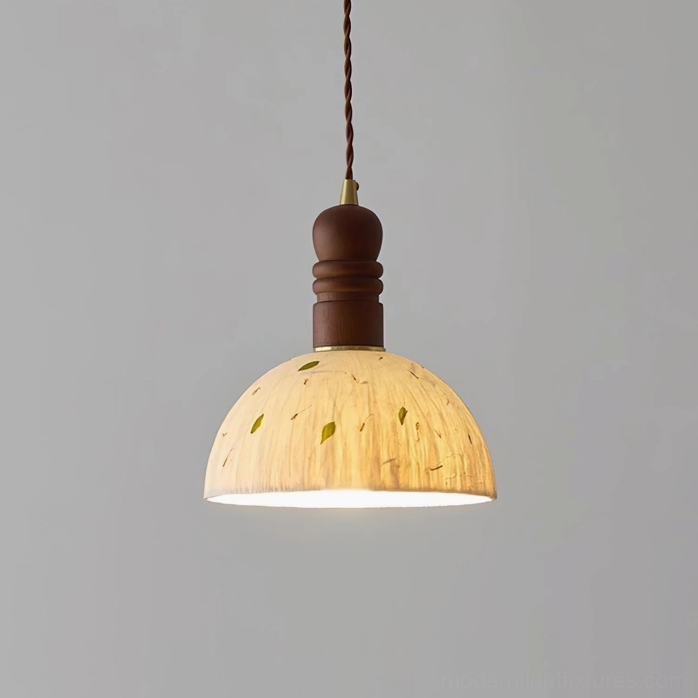 Dome pendant lamp in walnut finish wood cap, natural color option for contemporary dining