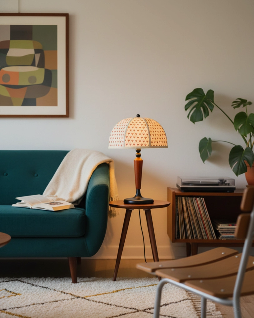 Dome table lamp wooden base walnut color metal accents product photography