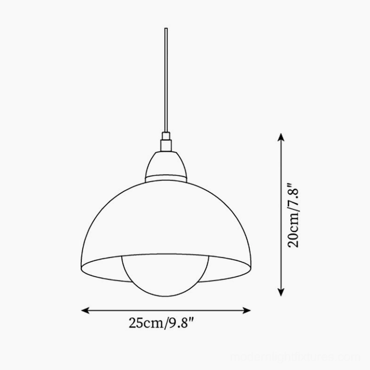 Technical orthographic drawing of domed pendant light, showing dome shade structure and bulb configuration with dimensions