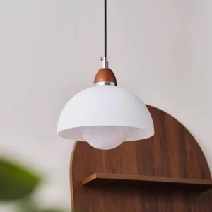 Mid-century modern domed pendant light, three-quarter angle showing white shade and brown wooden hardware detail