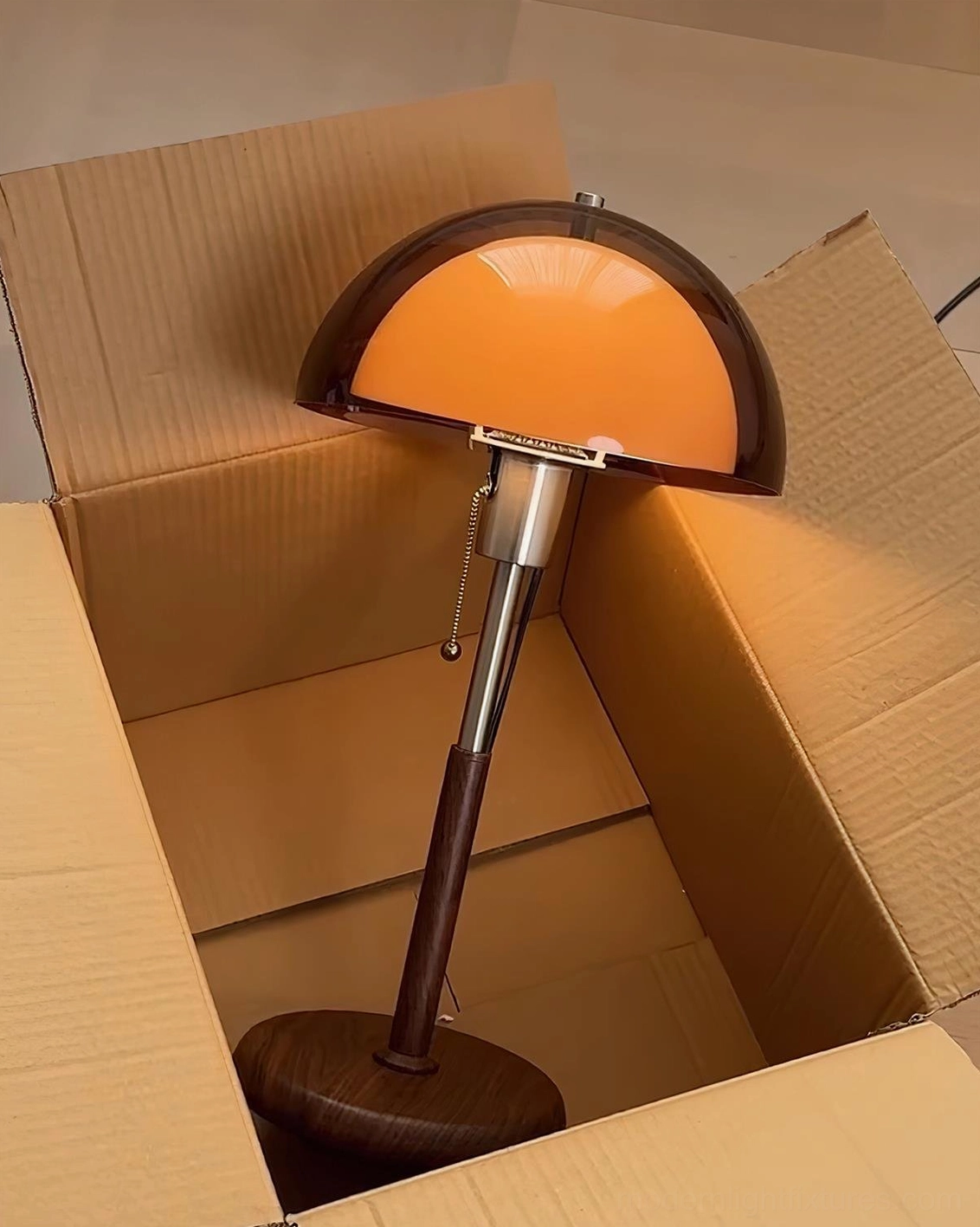 Domera amber dome table lamp unboxing in cardboard shipping box - product packaging