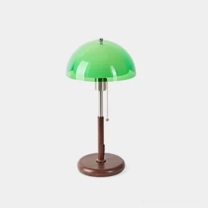 Domera green dome table lamp with walnut wood base - front view mid-century modern design