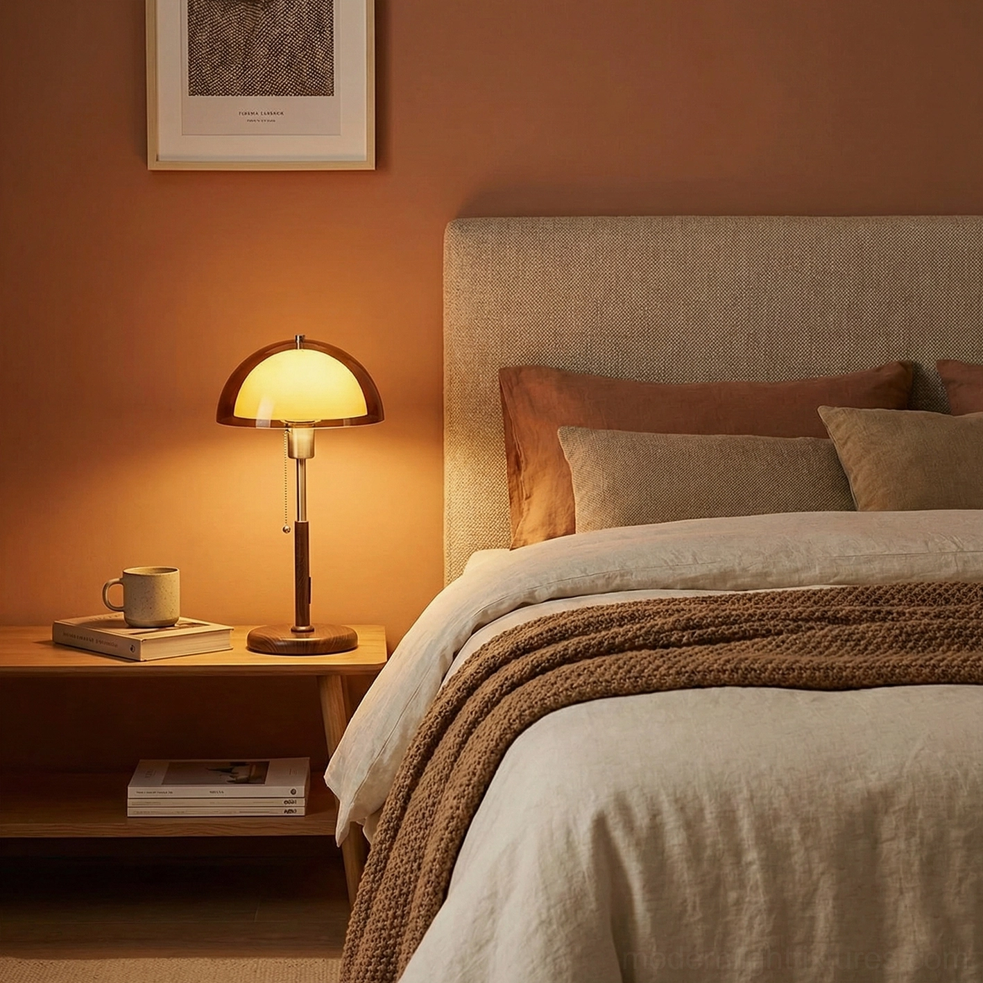 Domera table lamp on bedroom nightstand with warm ambient lighting - mid-century modern bedroom