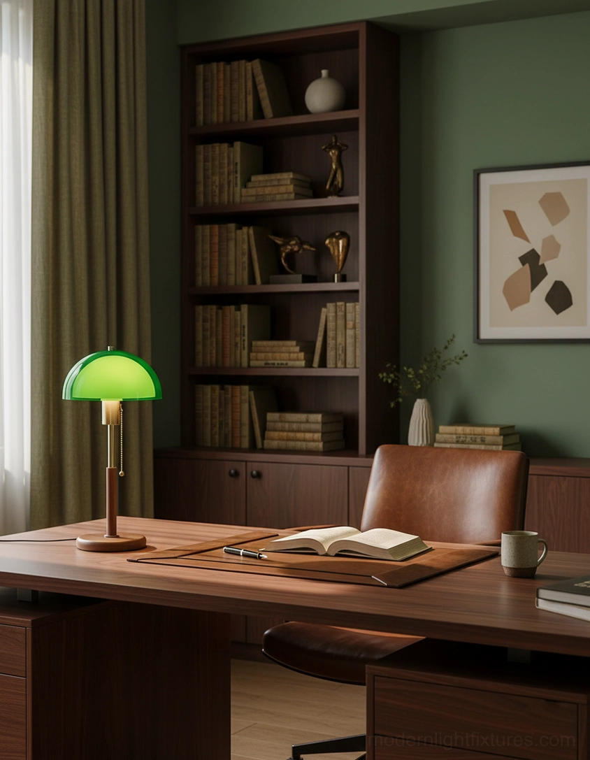 Domera table lamp on home office desk with walnut furniture - study workspace lighting