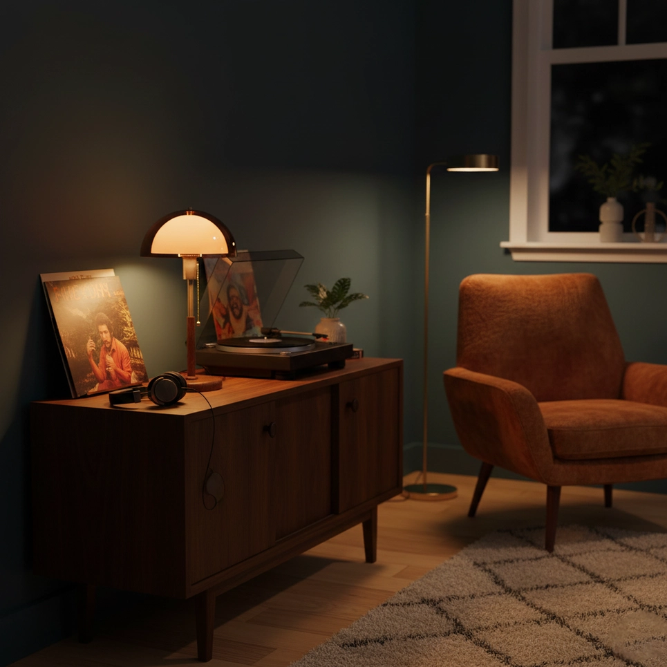 Domera table lamp in dark lounge with vintage decor and velvet armchair - ambient warm glow
