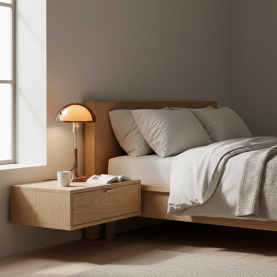 Domera dome table lamp on minimalist floating nightstand - contemporary bedroom interior