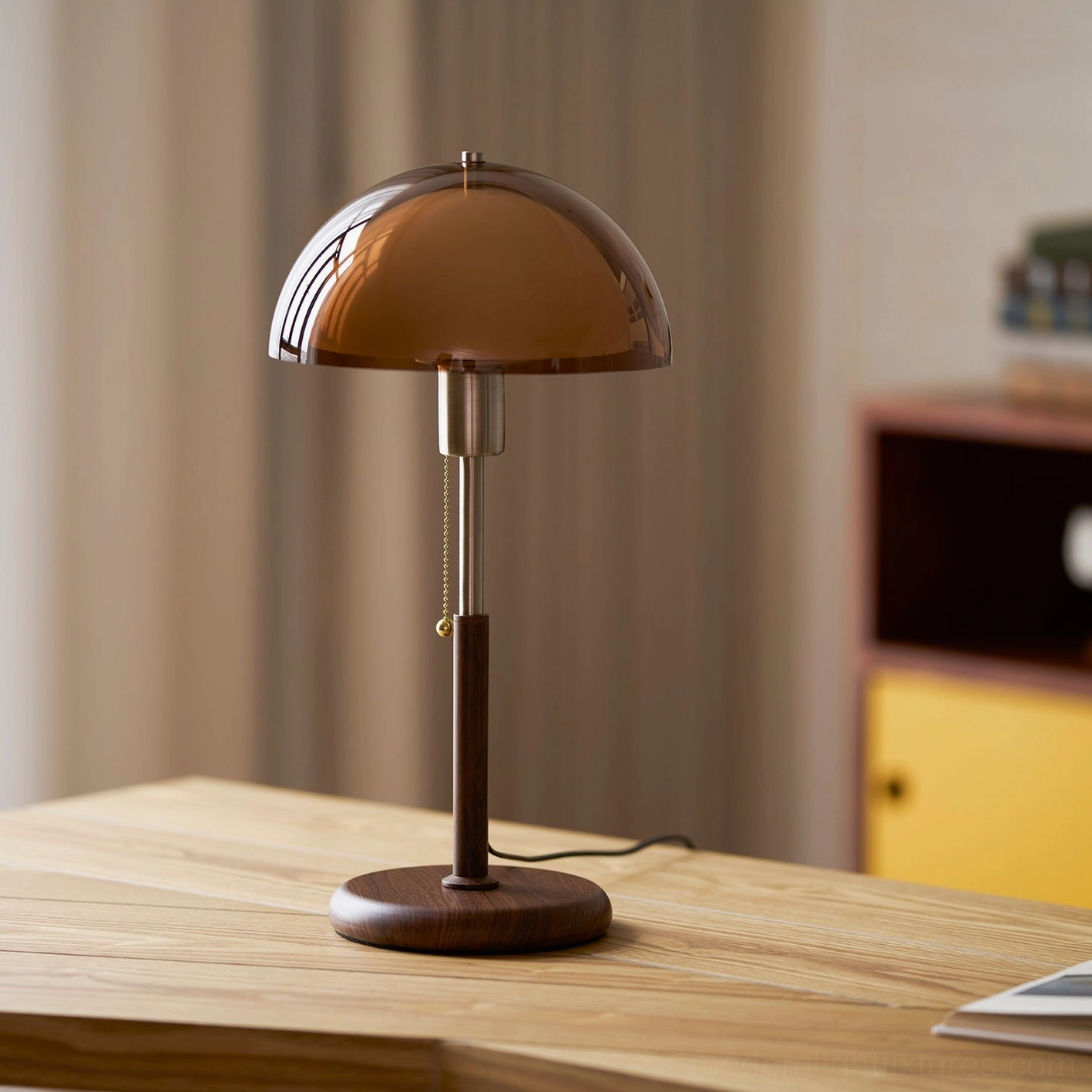 Domera table lamp showing push-button switch detail - walnut base construction