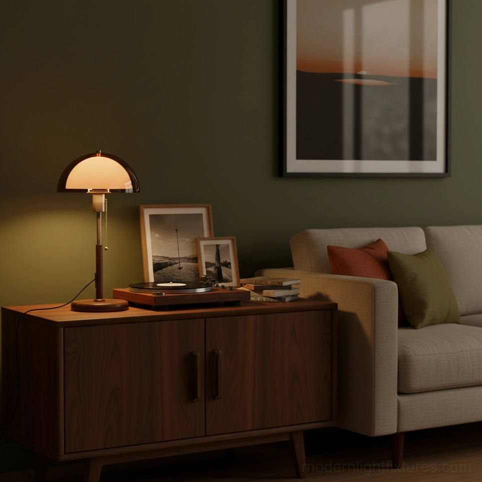 Domera mid-century modern table lamp glowing in interior setting - soft ambient light