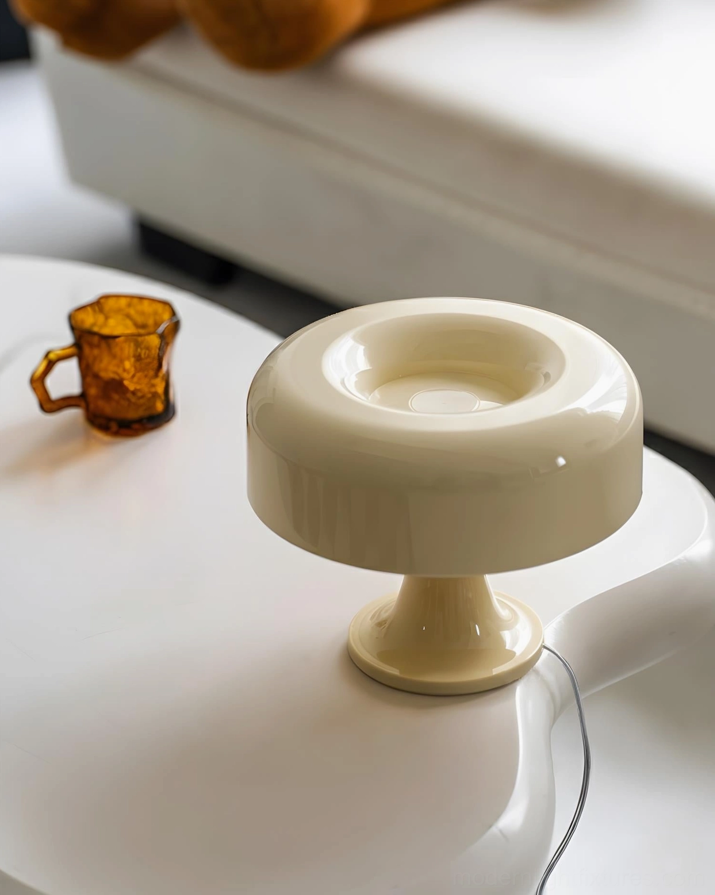 Cream white Donula sculptural table lamp on coffee table with vintage ceramic styling