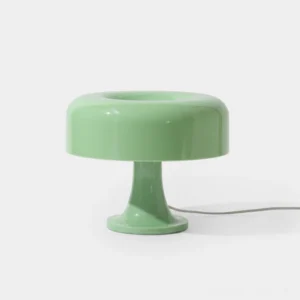 Donula modern donut table lamp in mint green with glossy acrylic finish, front three-quarter studio view