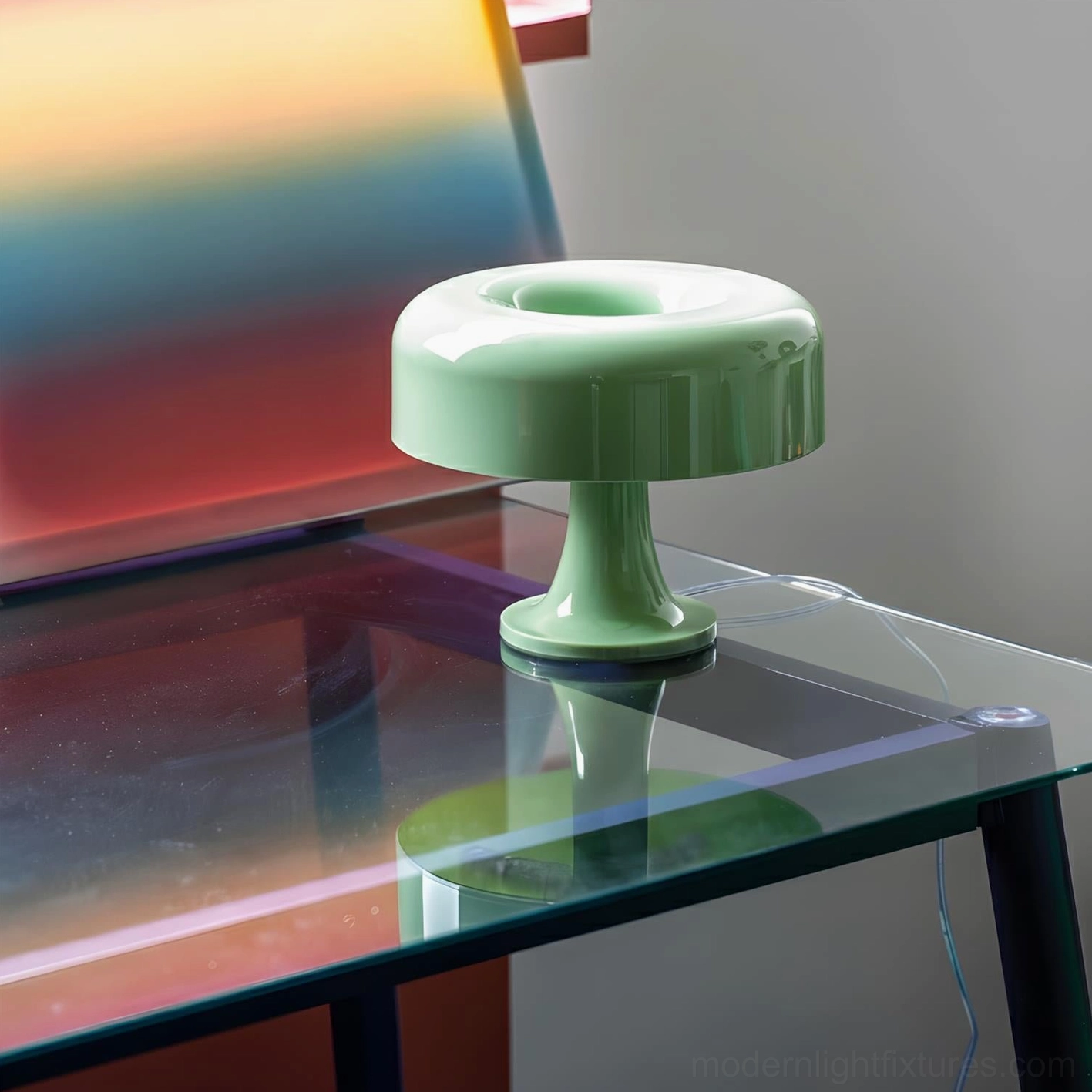 Mint green Donula donut lamp on modern glass side table with gradient light background