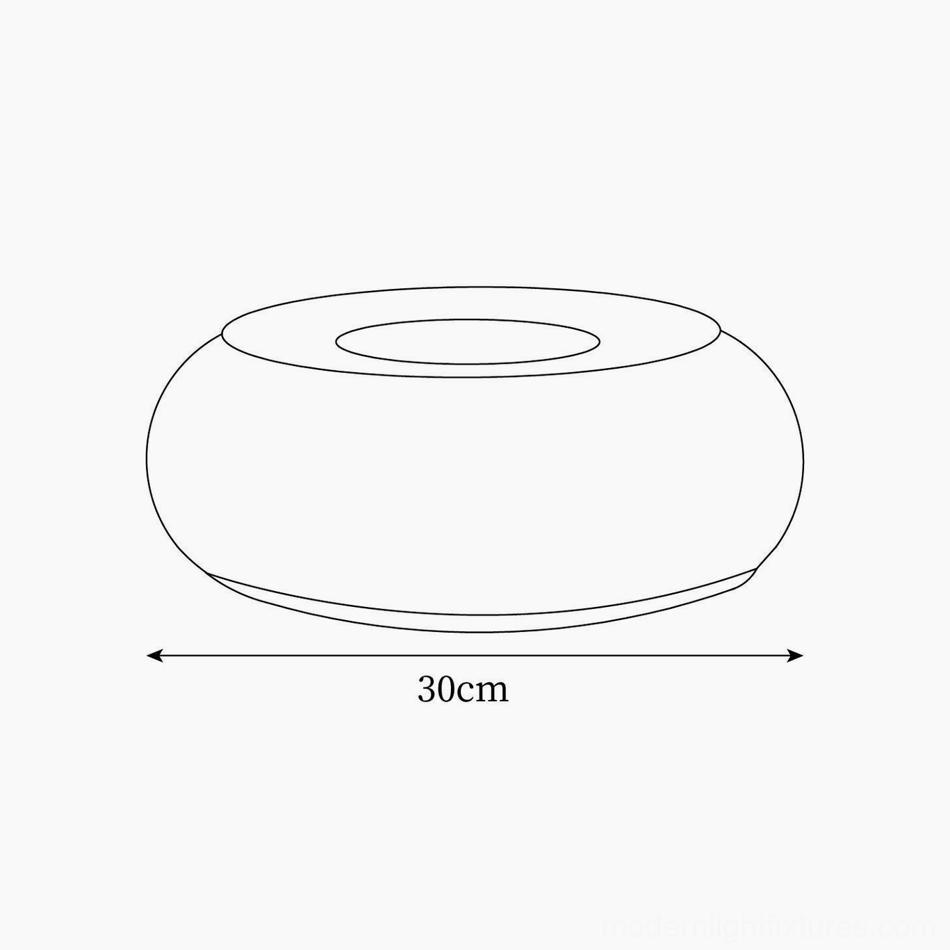 Donut table lamp dimension schematic showing 30cm diameter orthographic technical drawing
