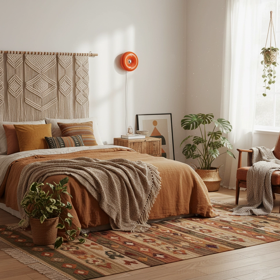 Orange donut wall sconce in bohemian bedroom with macramé wall hanging and potted plants