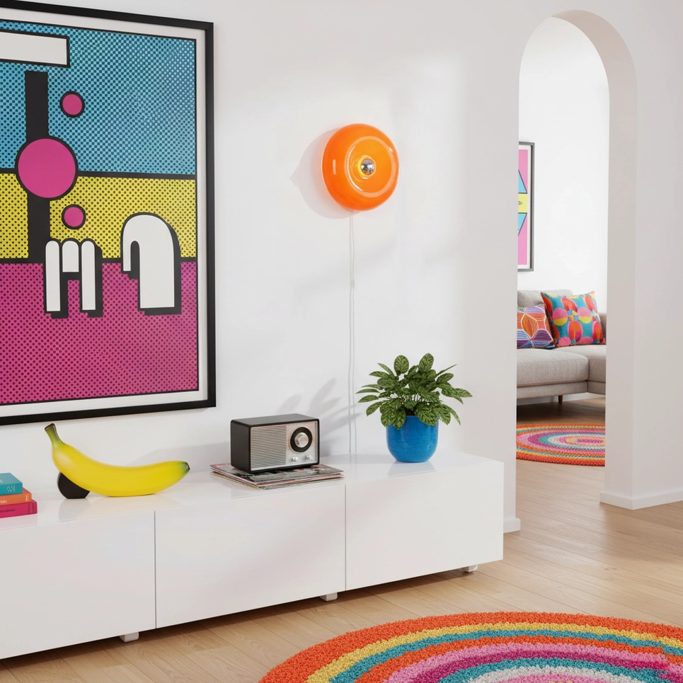 Orange donut wall sconce in vibrant pop art style living room with bold artwork and colorful rug