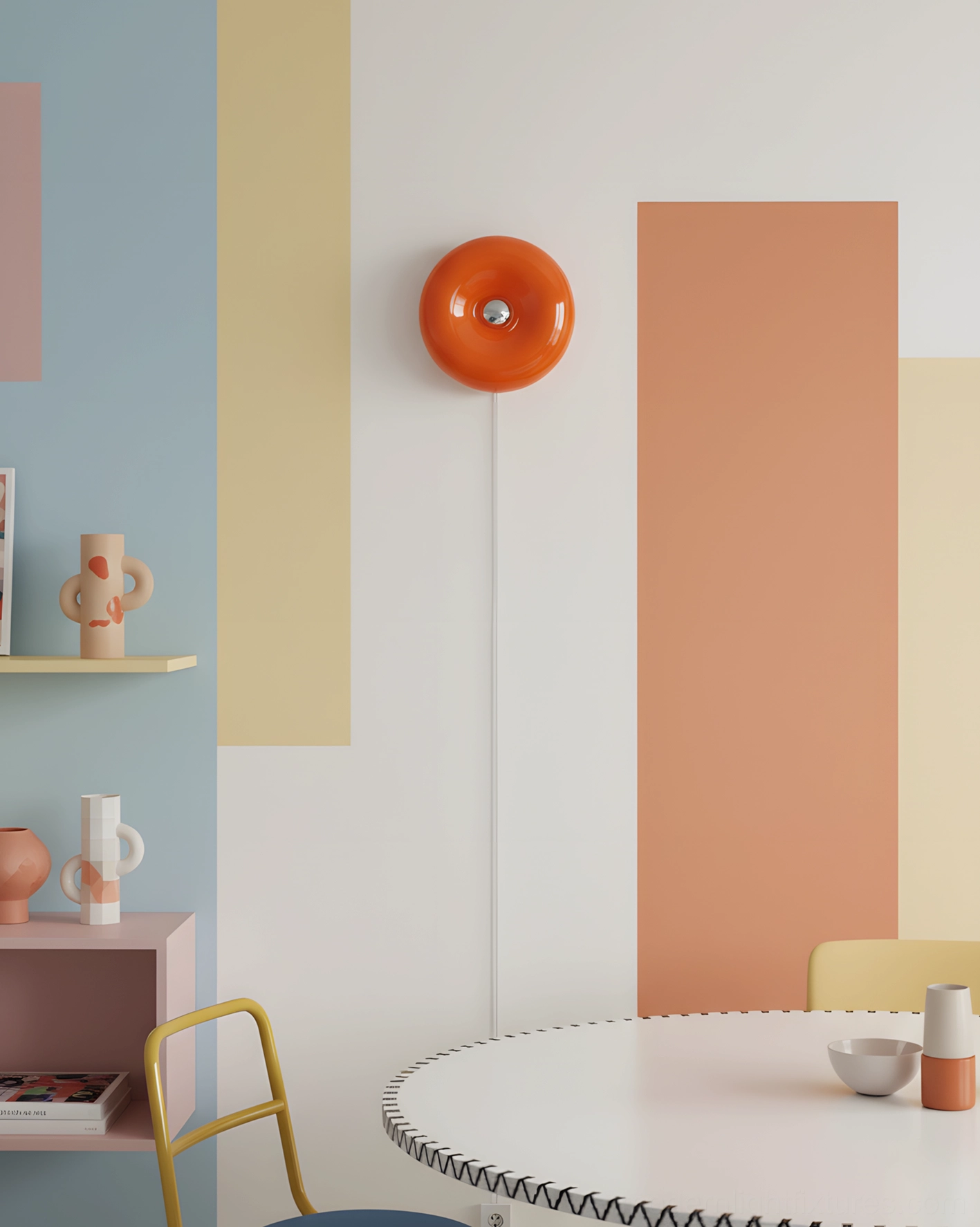 Mid-century donut wall lamp showing side profile and circular design with metal base