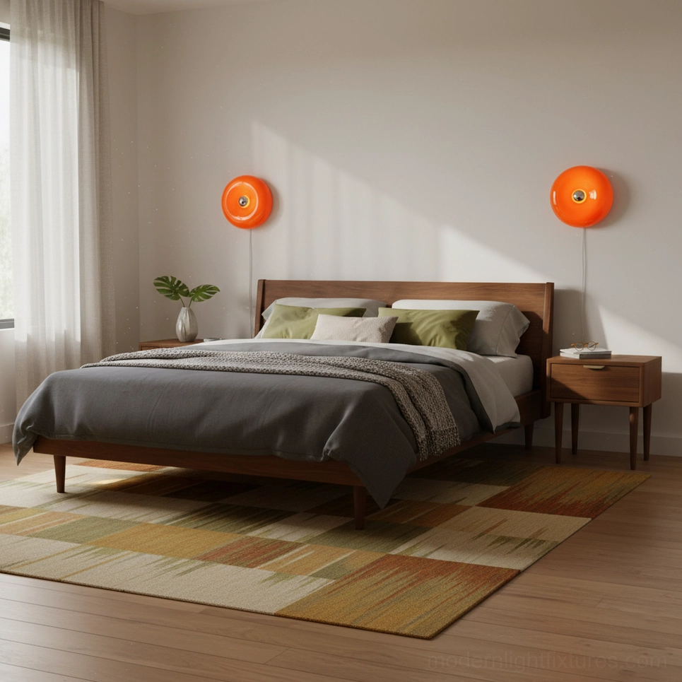 Pair of bright orange donut wall lights in modern bedroom with dark gray bedding and neutral décor