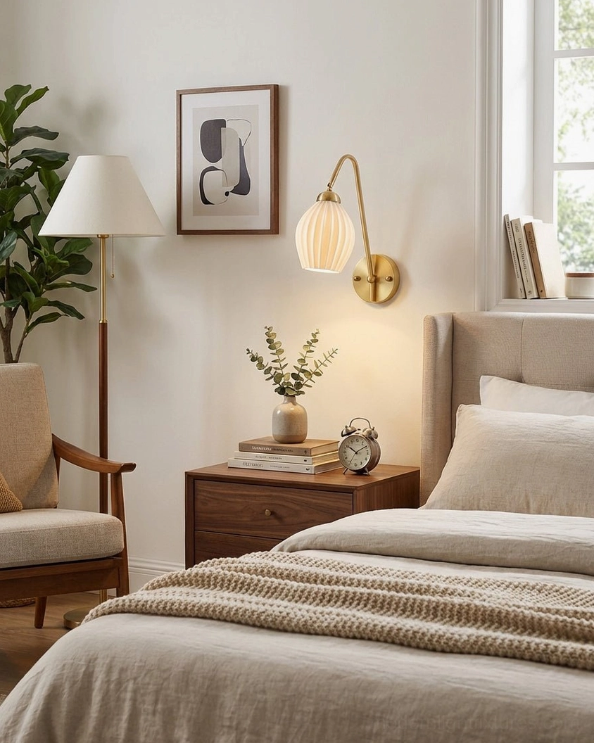 Dorelia globe pleated wall sconce side mounted view in bedroom bedside corner with white ribbed ceramic shade