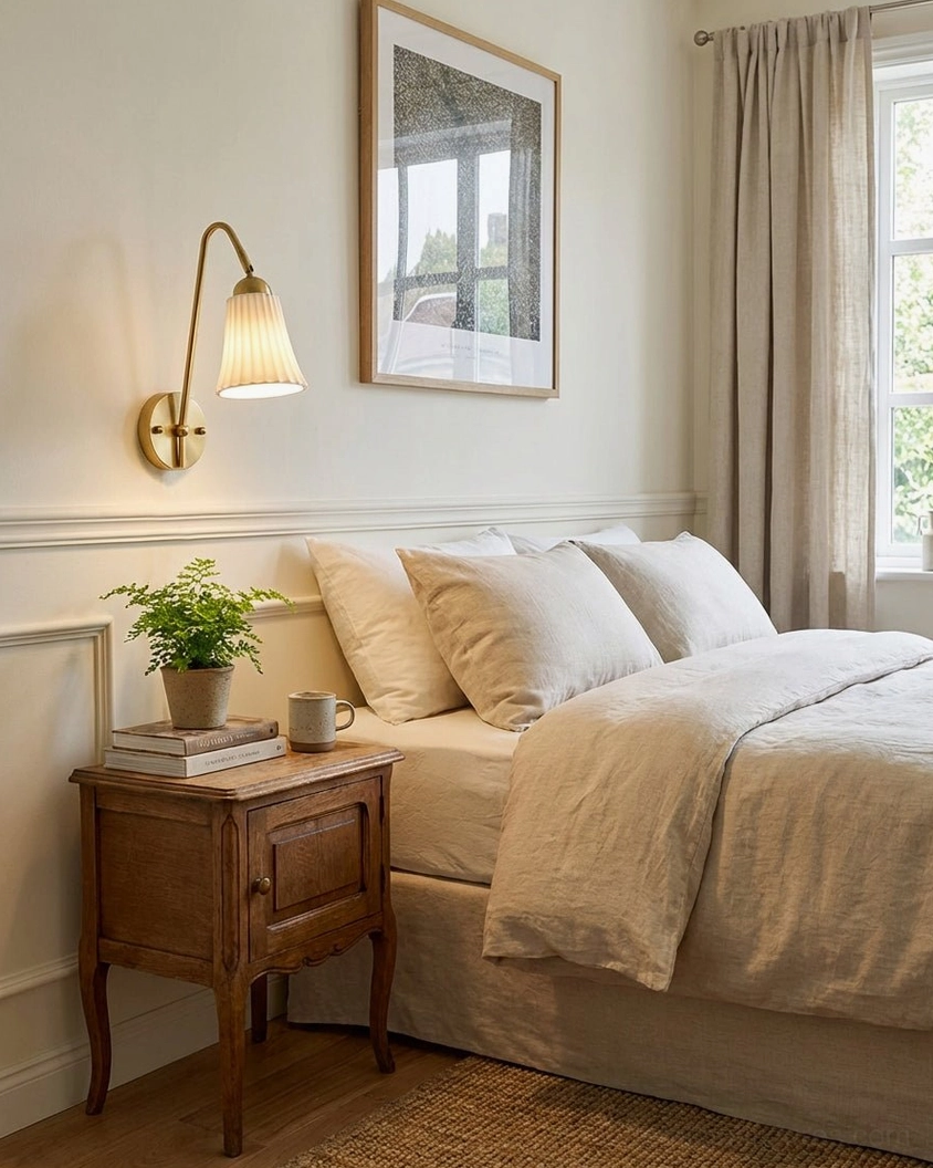 Dorelia brass wall sconce in bedroom bedside setting with soft warm neutral decor and eye-level perspective