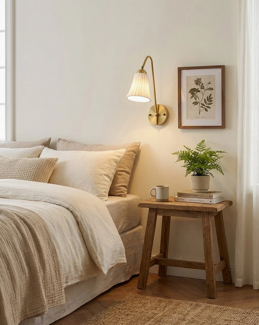 Dorelia brass wall sconce in master bedroom providing soft ambient accent lighting from distance