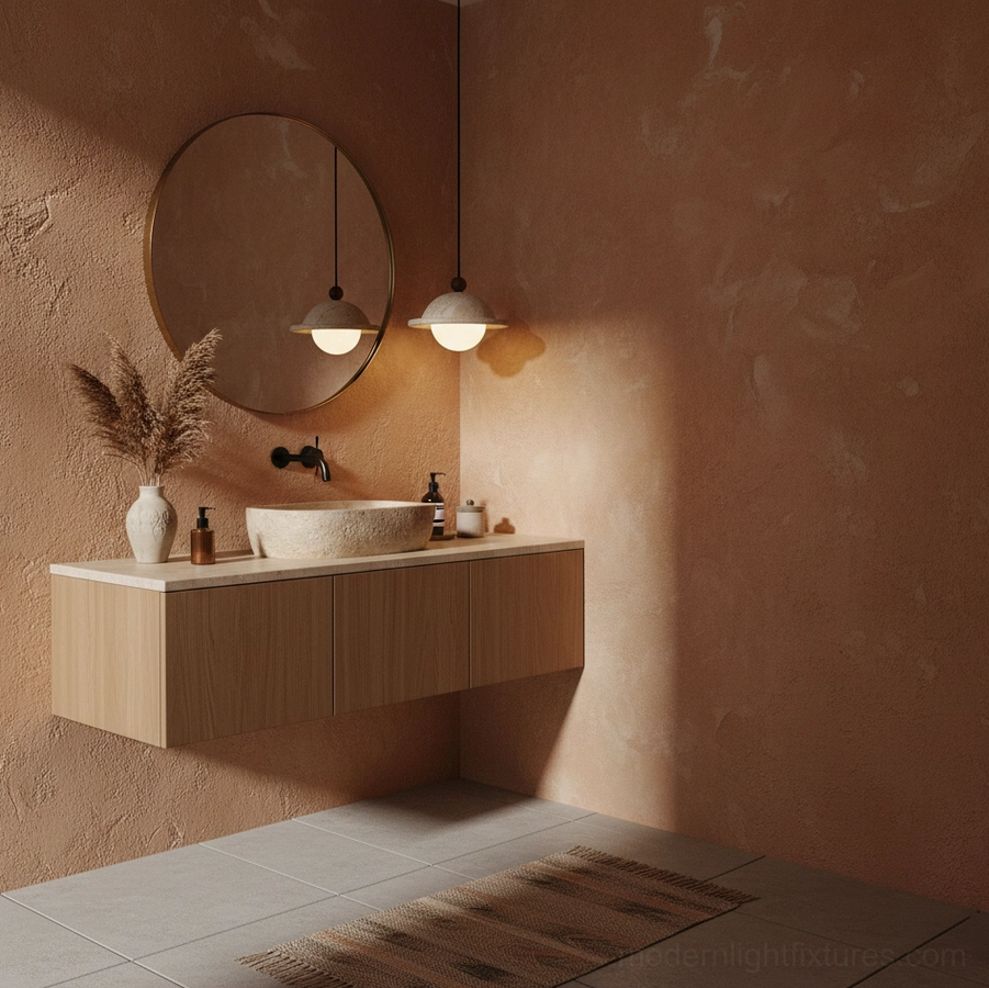 Dorna modern sculptural pendant light in beige travertine showing natural stone grain texture