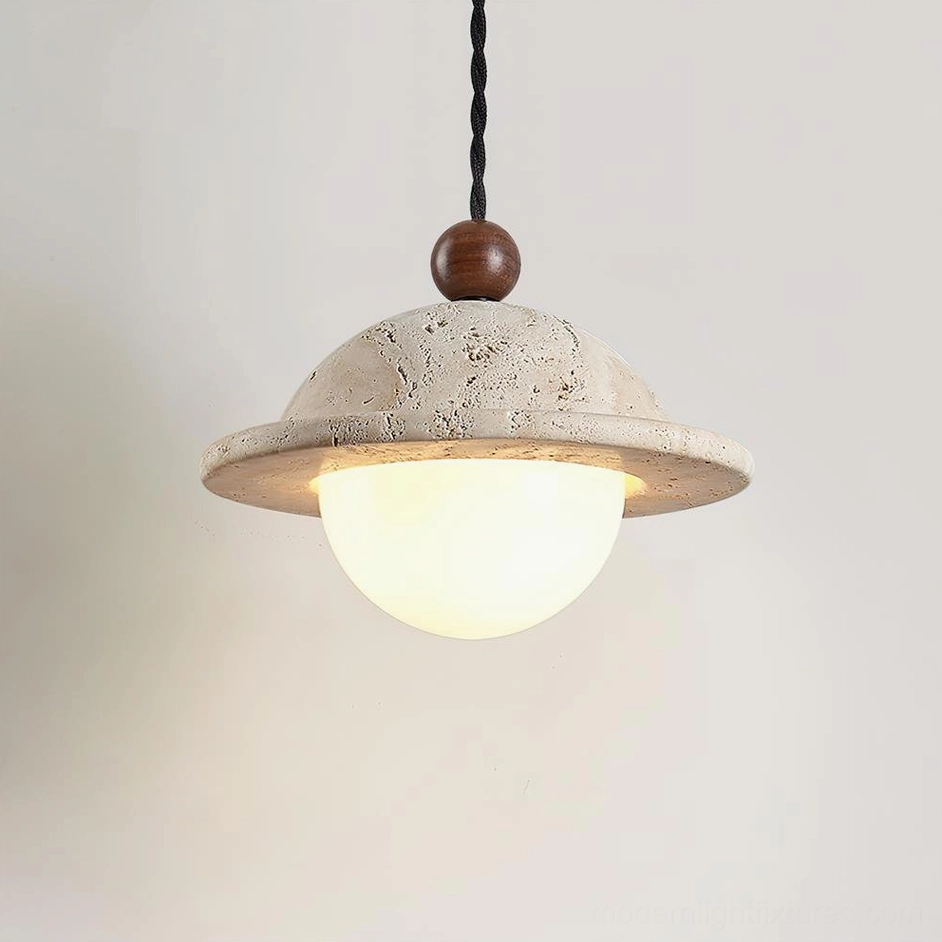 Dorna pendant lamp low angle view showing illuminated frosted shade and wooden suspension bead