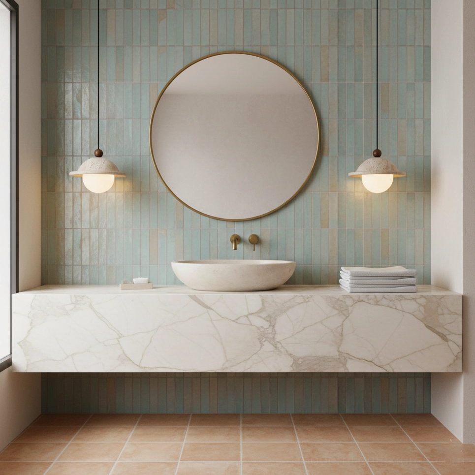 Dorna pendant lamps bathroom vanity mid-century modern interior with round mirror