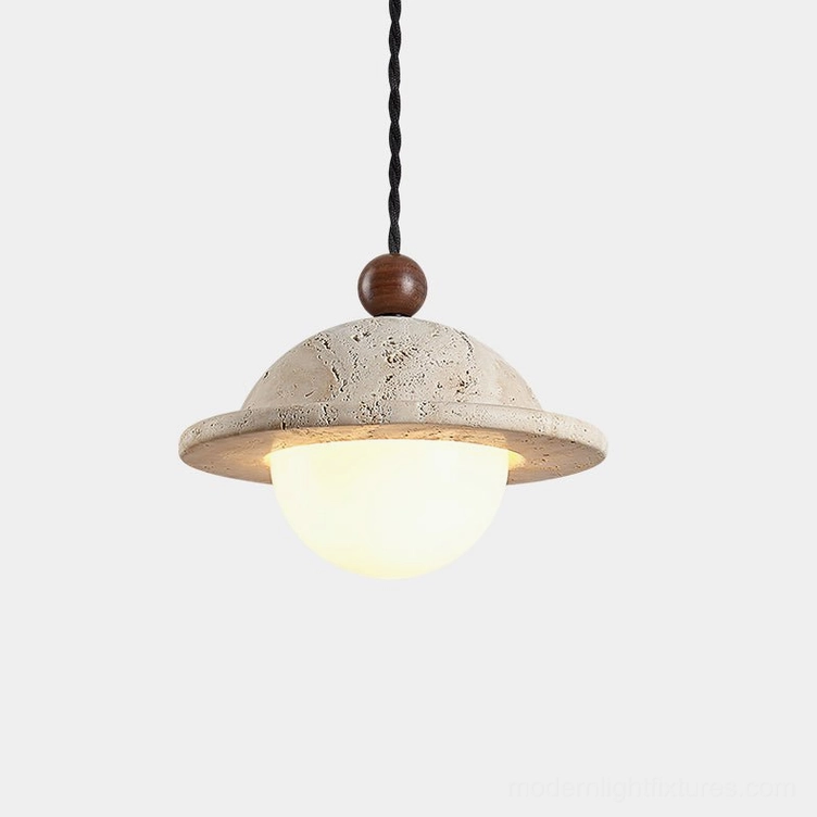 Dorna travertine pendant light illuminated from front, showing frosted dome shade and twisted textile cord