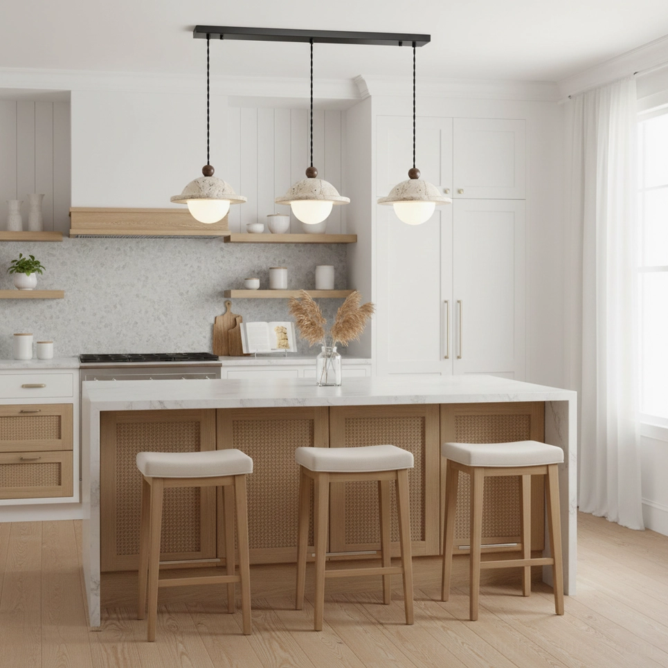 Dorna pendant light natural stone dome with opal glass sphere detail shot