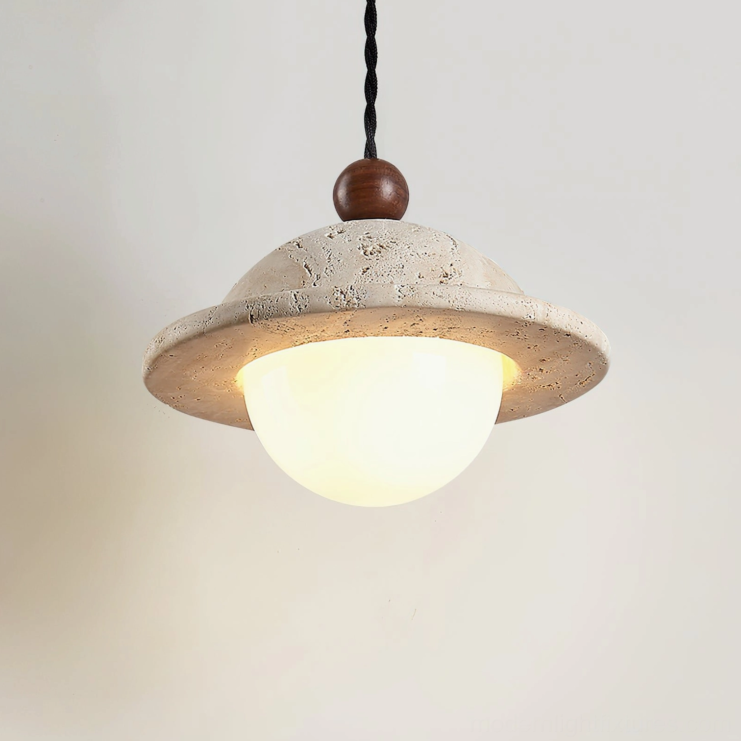 Dorna pendant light white finish travertine dome close-up showing natural stone characteristics