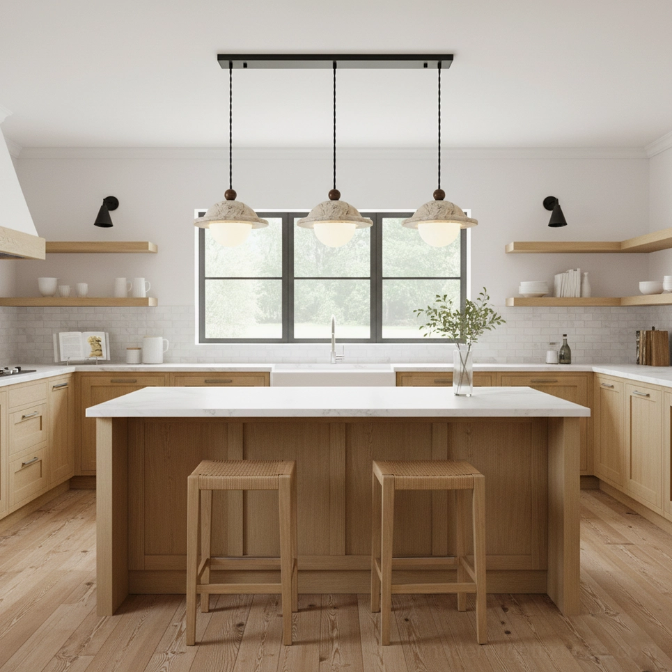 Dorna travertine pendant lights installed over modern rustic kitchen island with warm ambient lighting