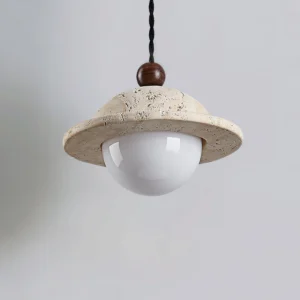 Dorna travertine pendant lamp bottom view showing natural stone texture and opal glass sphere unlit