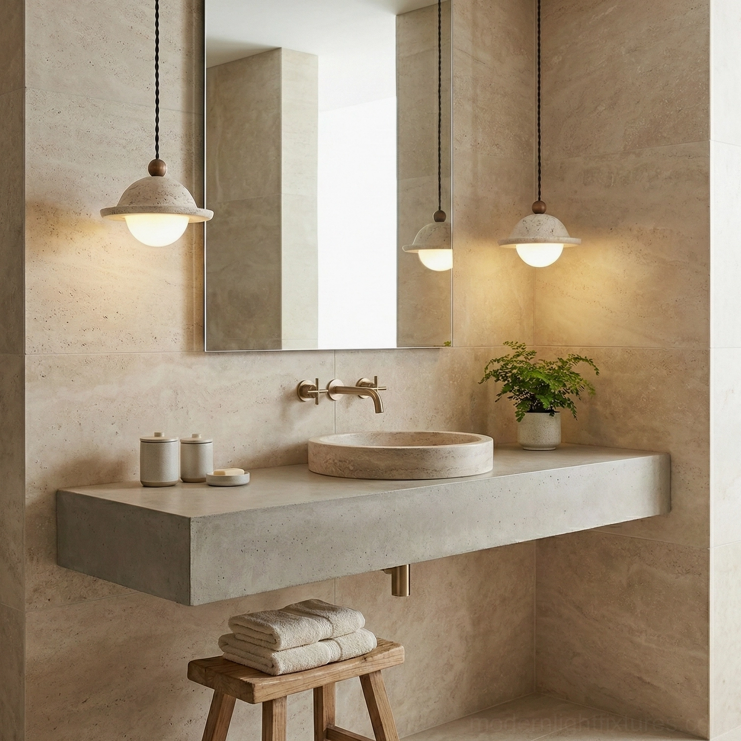 Dorna travertine pendant lights above rustic floating vanity in bathroom interior space