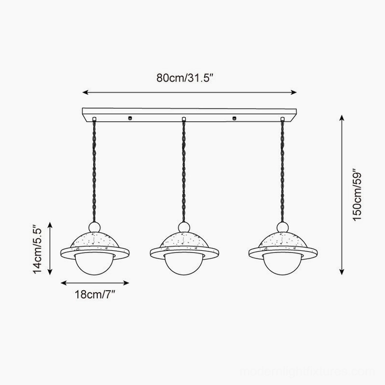 Dorna three head linear pendant fixture technical drawing with full dimensions