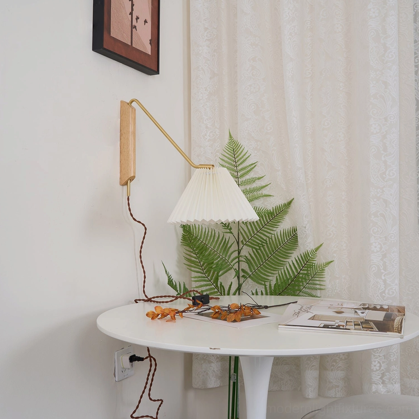 Dorset adjustable wall sconce with fabric shade in contemporary bedroom setting