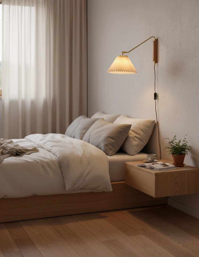 Dorset wall lamp pair flanking bed headboard in minimalist bedroom with pleated glow