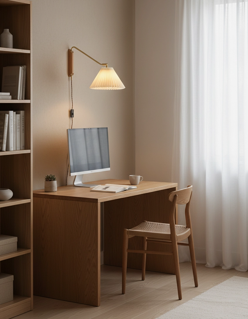 Dorset wall sconce with brass arm in various rotation angles for task and ambient use