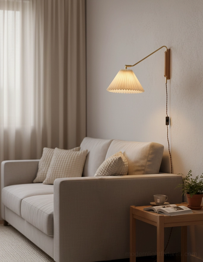 Dorset wall lamp in minimalist interior showing brass and wood material combination