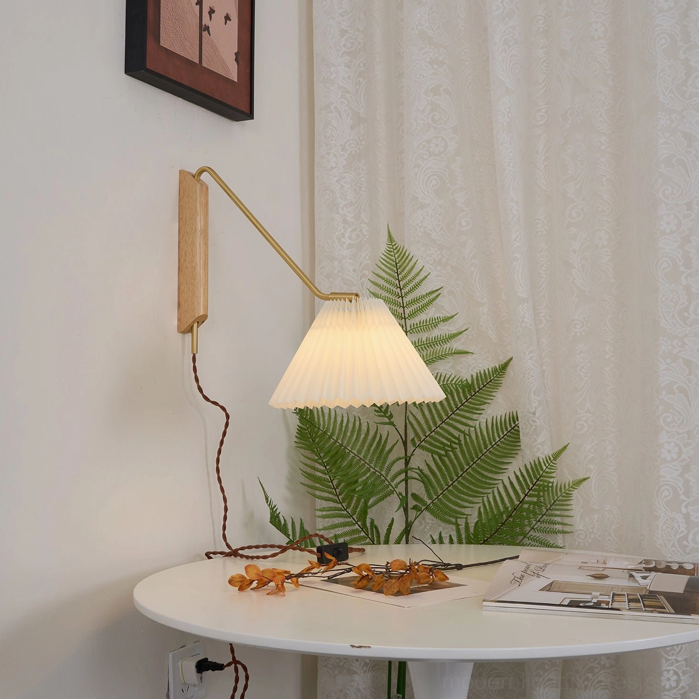 Dorset pleated shade wall lamp showing cord and inline switch for plug-in installation