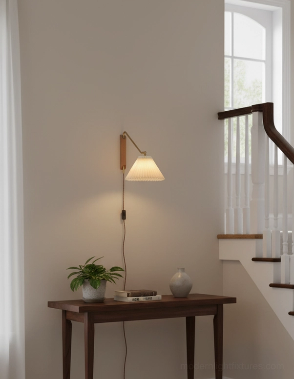 Dorset pleated wall lamp mounted in entryway with wooden bench and window detail