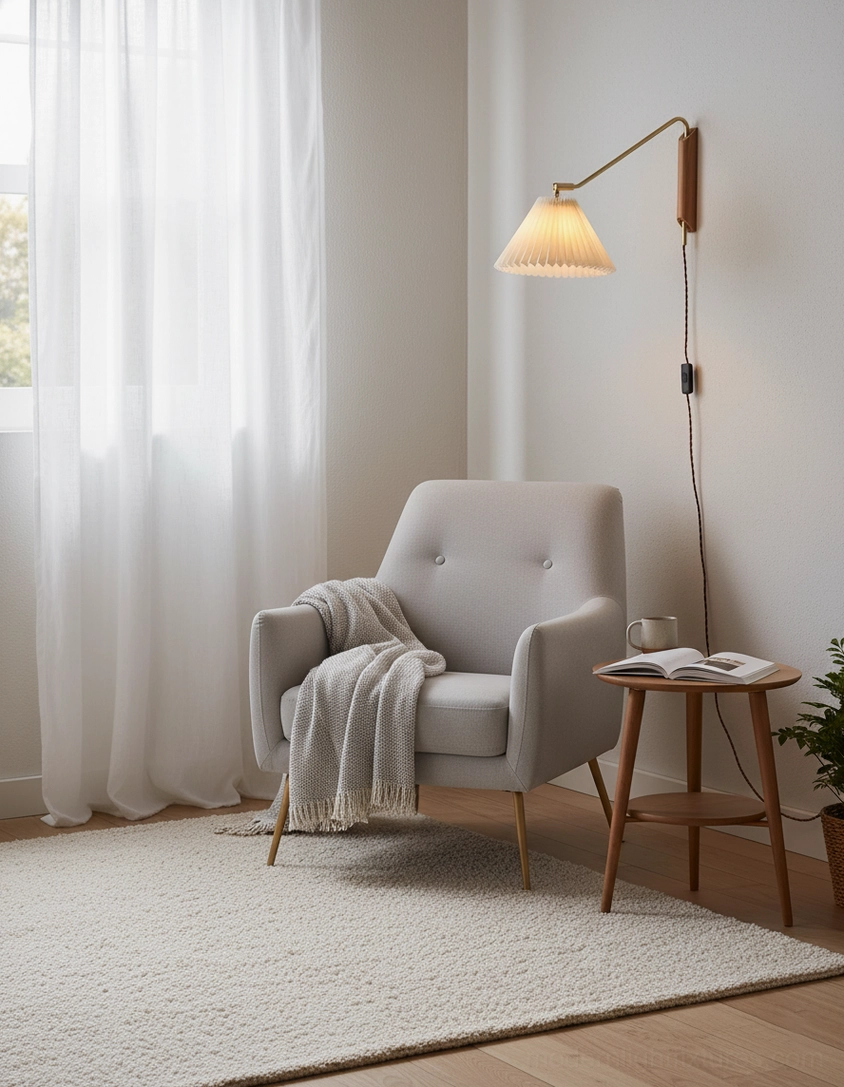 Dorset wall lamps creating layered lighting in modern living room with reading area