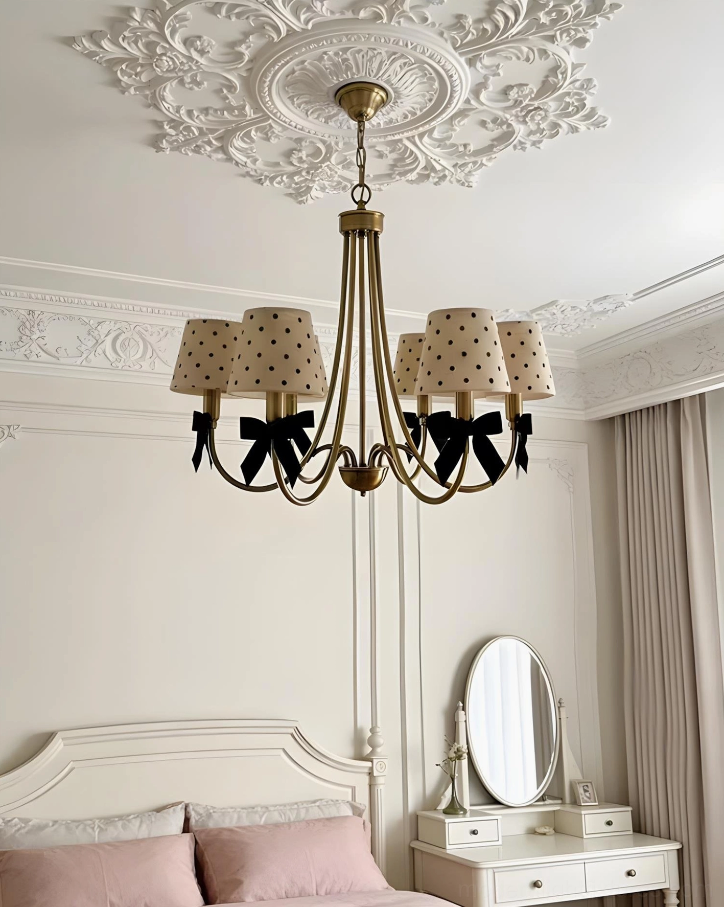 Dot chandelier mounted in French style bedroom with ornate ceiling medallion
