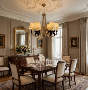 Dot chandelier installed in luxury French formal dining room with elegant tableware