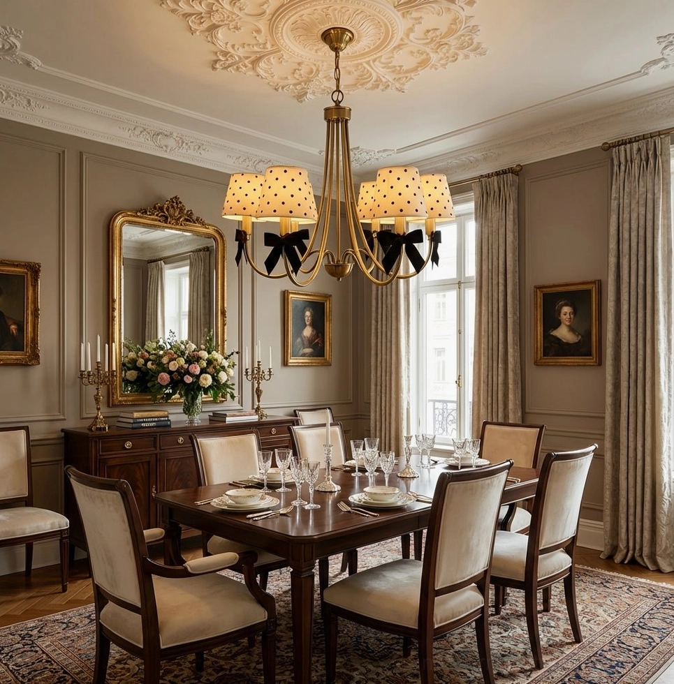 Dot chandelier installed in luxury French formal dining room with elegant tableware
