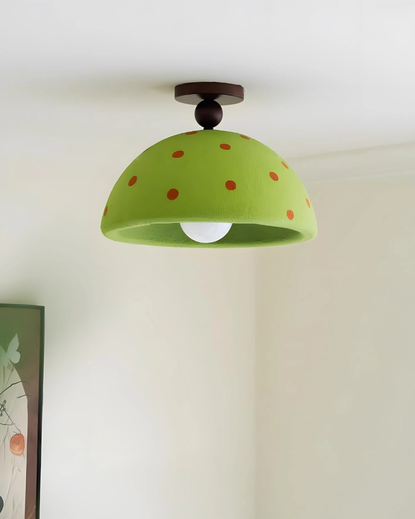 Dotelier ceiling light in multiple color options showing green, red and walnut finishes