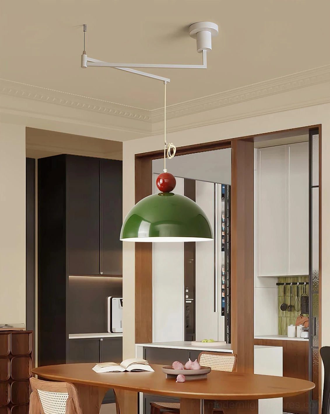 Beige dome shade swing arm pendant light with dark red spherical top in retro residential living area