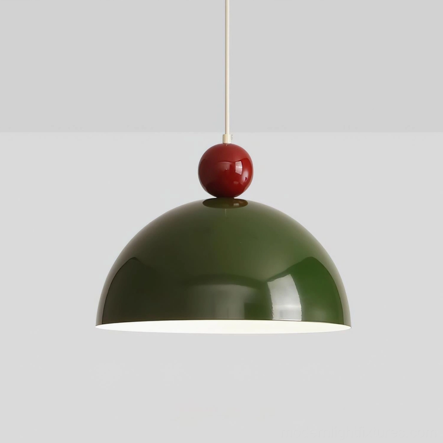 Dotto red and green bold color-block pendant lamp, overhead view demonstrating striking pop-art aesthetic in modern dining setup