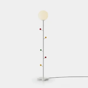 Dotty modern floor lamp with white metal stem and colorful decorative beads in studio front view, Nordic minimalist design with opal sphere diffuser