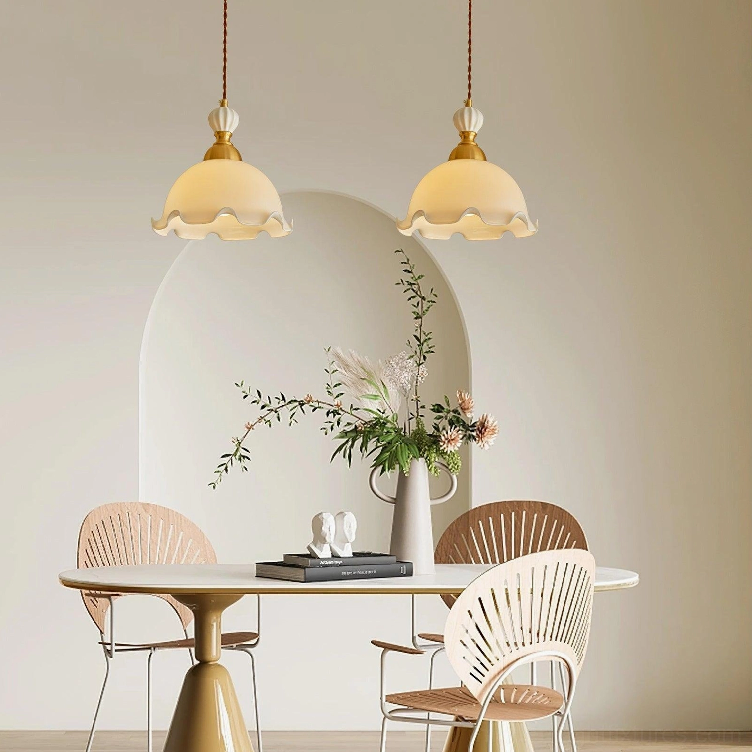 Double Bianca wavy pendant lights in dining room, vintage French style fixture cluster, arched wall design