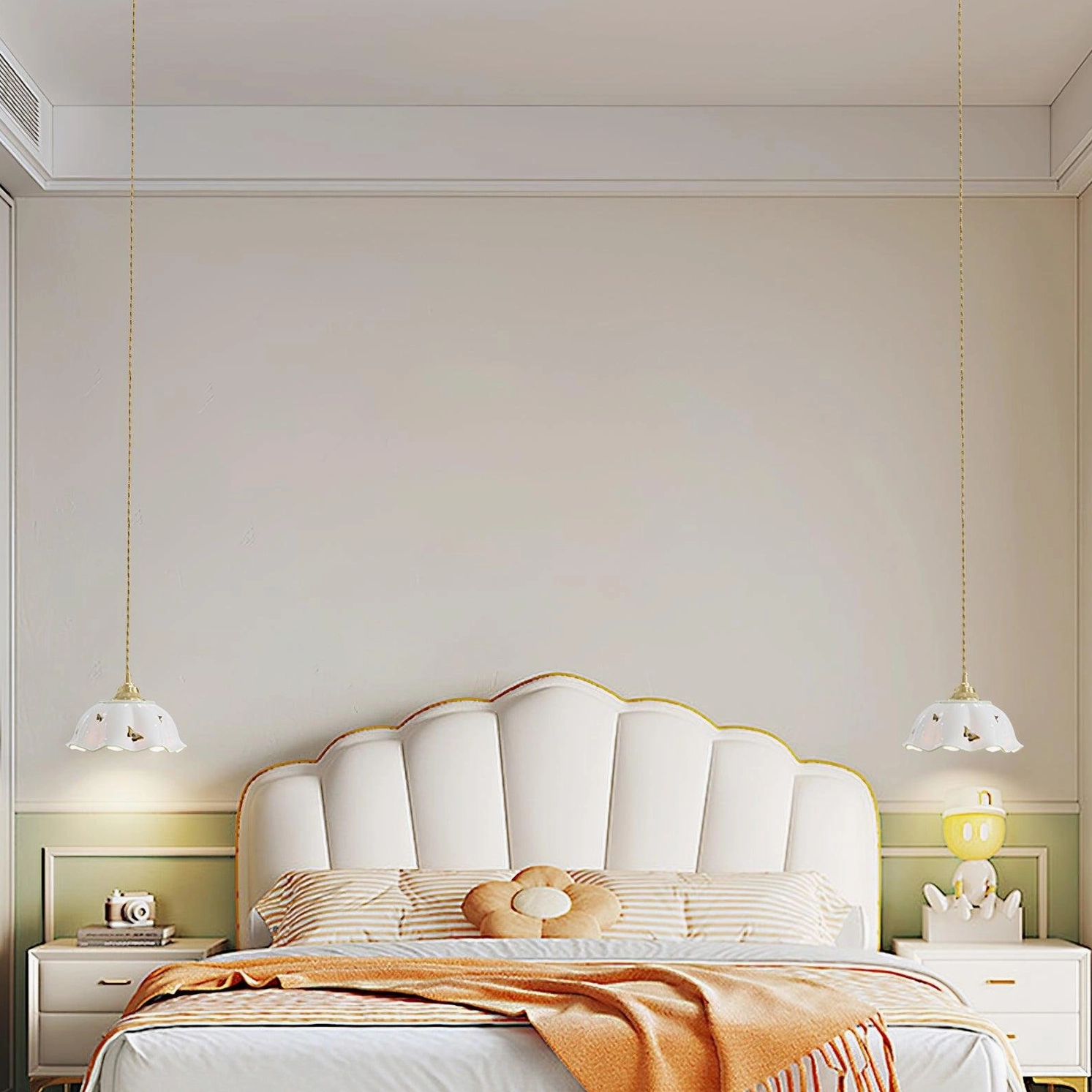 Pair of white ceramic butterfly pendant lamps in luxurious French pastoral bedroom